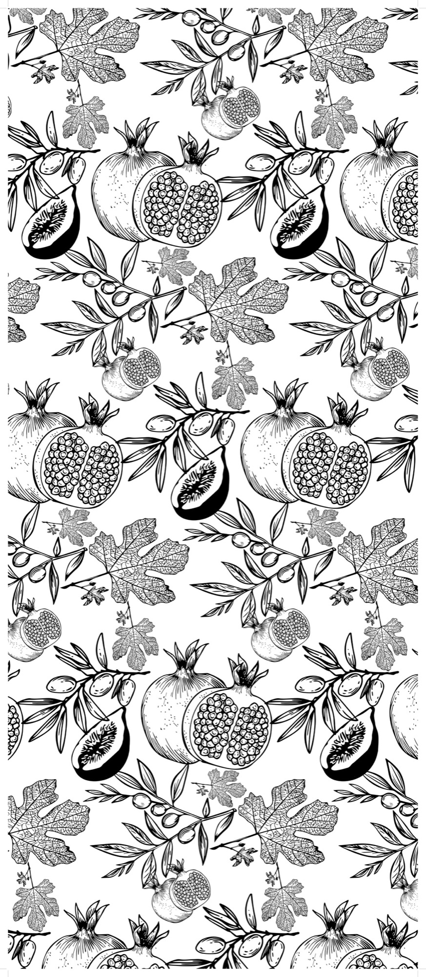 Hand-drawn fruit pattern: figs, pomegranates, olive branches