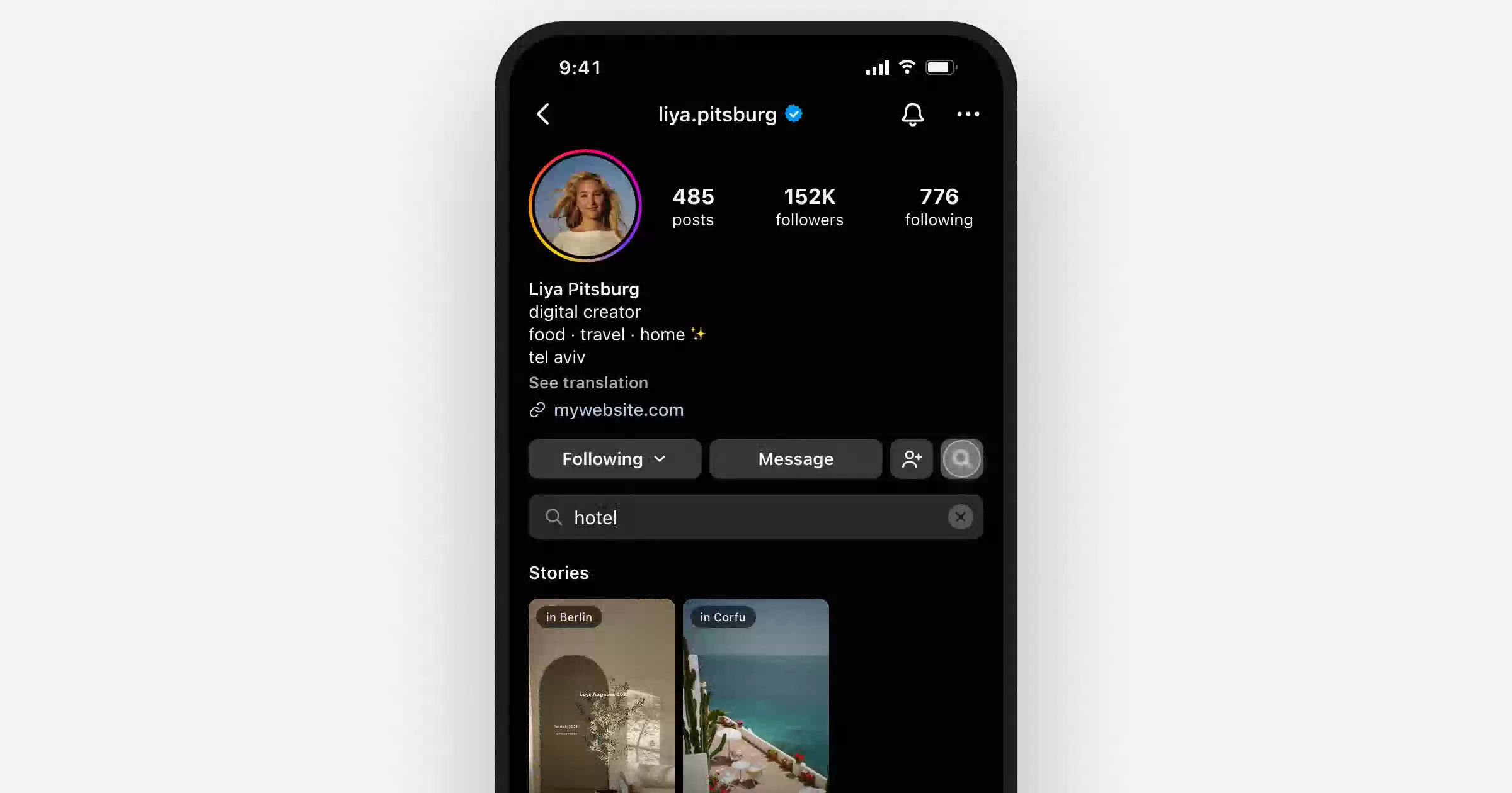 The prototype with a search bar open on an Instagram profile, query 'hotel' showing story results